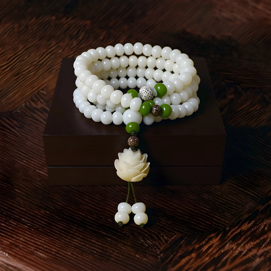 Magicfad White Jade Bodhi Lotus Mala Set - Mindful Reflection & Spiritual Tradition