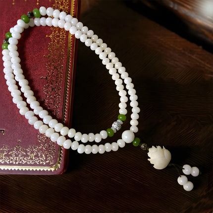 Magicfad White Jade Bodhi Lotus Mala Set - Mindful Reflection & Spiritual Tradition
