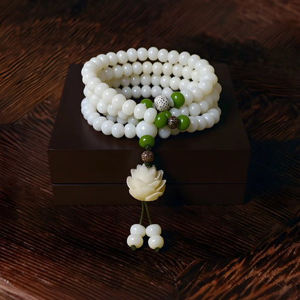 Magicfad White Jade Bodhi Lotus Mala Set - Mindful Reflection & Spiritual Tradition