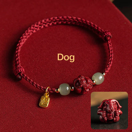 Magicfad Natural Cinnabar Chinese Zodiac Hetian Jade Fu Character Bracelet — Cultural Harmony & Blessing Inspiration