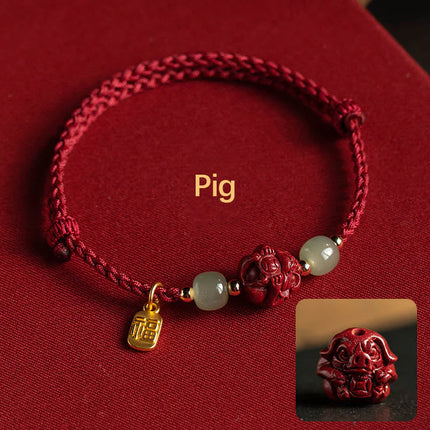 Magicfad Natural Cinnabar Chinese Zodiac Hetian Jade Fu Character Bracelet — Cultural Harmony & Blessing Inspiration